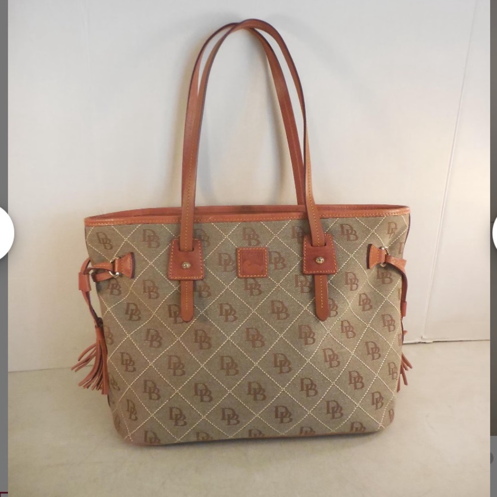Rare Dooney & Bourke Signature DB Monogram Canvas Leather Trim Tassel Large Tote